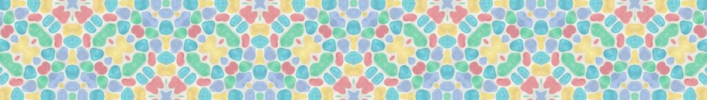 Pastel colored pebbles, painted with watercolor on plaster, are aranged in circles to make a horizontal pattern.
